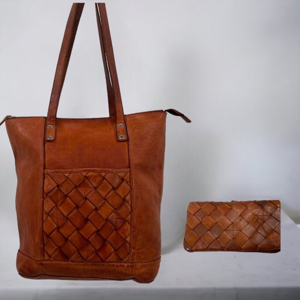 Vilenca Holland North South Brown Woven Aged Distress Leather Tote Bag & Wallet